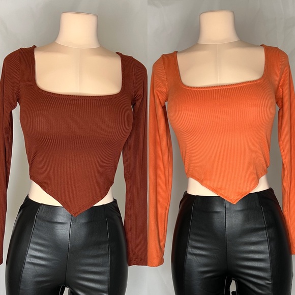NEW RIDDED SQUARE NECK LONG SLEEVE CROP TOP - Picture 2 of 2